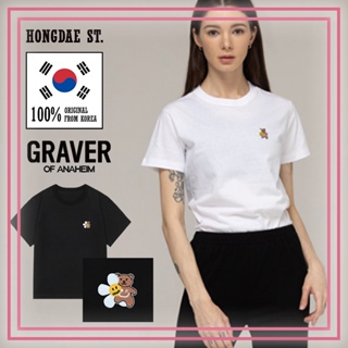 📦พร้อมส่ง Graver - ของแท้ 100% - เสื้อยืดแขนสั้น ปักลายดอกไม้ หมี สีดํา / สีขาว T-shirt