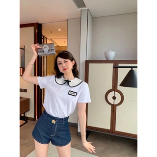 QXOQ MIU MIU 23 spring and summer new princess style lace doll collar short-sleeved T-shirt letter buckle belt pants skirt age-reducing all-match suit