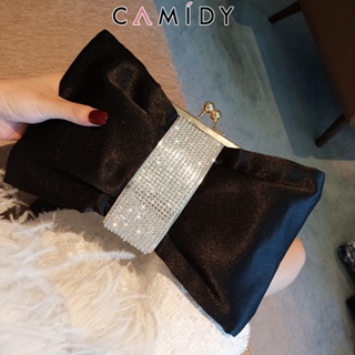 Camidy สไตล์ยุโรปและอเมริกาอินเทรนด์ rhinestone โบว์ PU สีเงินชุดราตรีกระเป๋าคลัทช์ crossbody กระเป๋าเล็กของผู้หญิง