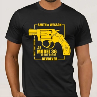 มีความสุข เสื้อยืด ผ้าฝ้าย พิมพ์ลาย Smith & Wesson Model 36 สําหรับผู้ชาย และผู้หญิง