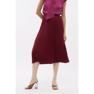 ESPADA กระโปรงแต่งพลีท ผู้หญิง สีเบอร์กันดี | Pleated Midi Skirt | 4643