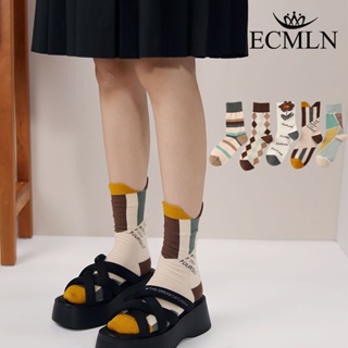 Ecmln ถุงเท้าผ้าฝ้าย รูปตัว V สีกาแฟ แฟชั่นฤดูใบไม้ร่วง และฤดูหนาว สําหรับผู้หญิง