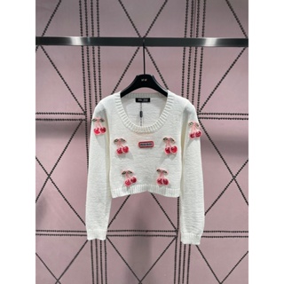 8WGO MIU MIU 2023 autumn and winter New Heavy Industry three-dimensional Cherry round neck knitted top womens chest square letter cloth label women