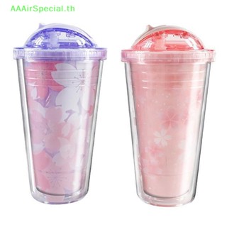 Aaairspecial แก้วน้ําพลาสติก ลายซากุระ พร้อมหลอดดูด และฝาปิด ไร้ BPA ขนาด 480 มล. สําหรับผู้ใหญ่ บ้าน ออฟฟิศ TH