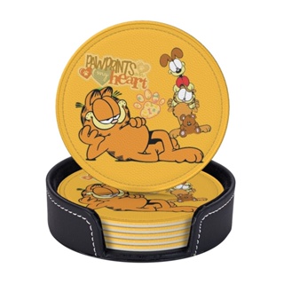 Garfield ที่รองแก้วหนัง ทรงกลม กันเปื้อน และป้องกันน้ําร้อนลวก สําหรับร้านอาหาร ห้องครัว สํานักงาน และอื่น ๆ 6 ชิ้น