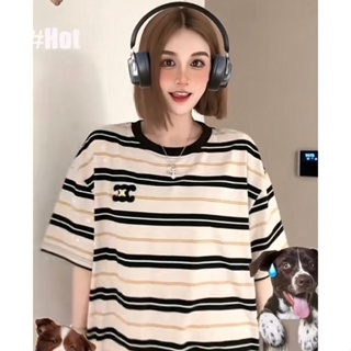 SN0L CEL Beaute 2023 spring and summer new letter embroidery logo small gold buckle decorative black and white striped T-shirt womens casual fashion all-match