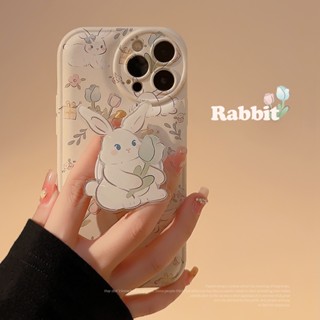 เคสโทรศัพท์มือถือ กันกระแทก ลายดอกไม้ กระต่าย พร้อมที่ตั้งวาง สําหรับ iPhone 14 Pro Max 13 12 11 X XS Max XR 7 8 Plus