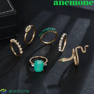 Anemone ชุดแหวนนิ้วงู ประดับคริสตัล พลอยเทียม สีเขียว สไตล์โกธิค วินเทจ เครื่องประดับ สําหรับผู้หญิง 6 ชิ้น ต่อชุด