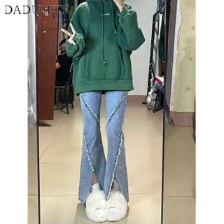 DaDuHey🎈 4 Colors Korean Style Elastic Slit Slightly Flared Jeans High Waist Slim Trousers Raw Edge Micro Trousers