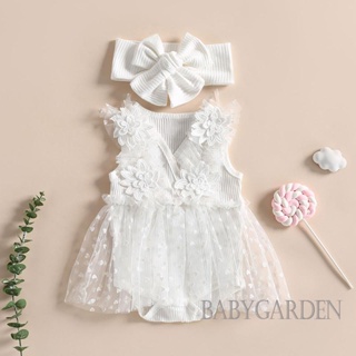 Babygarden- ชุดรอมเปอร์ แขนกุด ผ้าตาข่าย ลายดอกไม้ 3D สีขาว พร้อมที่คาดผม สําหรับเด็กทารกผู้หญิง 0-24 เดือน