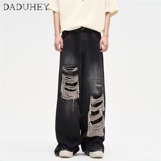 DaDuHey🔥 Mens Hong Kong Style Retro Ripped Jeans Ins Hip Hop Trend Baggy Straight Casual Pants