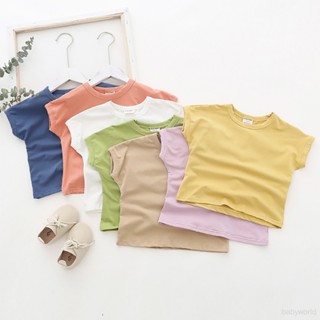 เสื้อยืดลําลอง ผ้าฝ้าย แขนสั้น คอกลม สีพื้น แฟชั่นฤดูร้อน สําหรับเด็กผู้หญิง