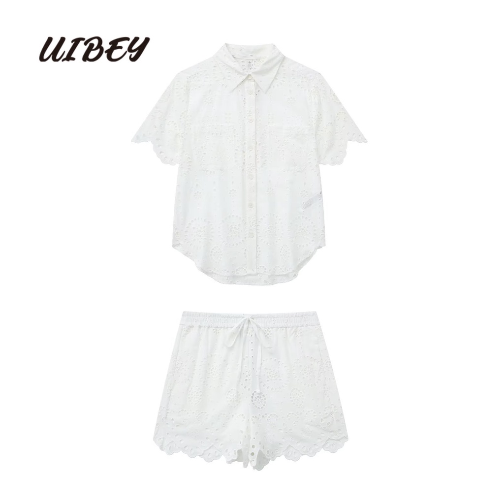 uibey-เสื้อเชิ้ต-คอปก-ปักลายลูกไม้-พร้อมกางเกงขาสั้น-8704