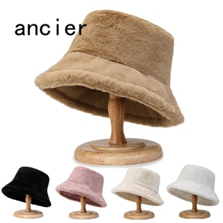 Ancier หมวกบักเก็ต ผ้ากํามะหยี่ขนนิ่ม ขนเฟอร์เทียม ให้ความอบอุ่น แฟชั่นฤดูหนาว สําหรับผู้หญิง