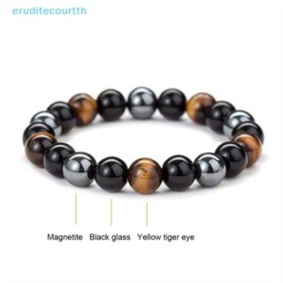 [eruditecourtth] สร้อยข้อมือหินธรรมชาติ ป้องกันดวงตาเสือ เฮมาไทต์ และออบซิเดียน สีดํา [ใหม่]