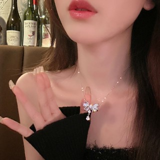 Fairy tears fairy gas gentle micro-inlaid zircon bow water drop necklace light extravagant minority design advanced sense necklace