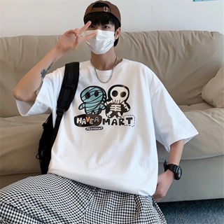 Summer New Style Hong Kong Cartoon Skull Print Short-Sleeved T-Shirt Men Women Teenagers Trend Round Neck Simple Lo_03
