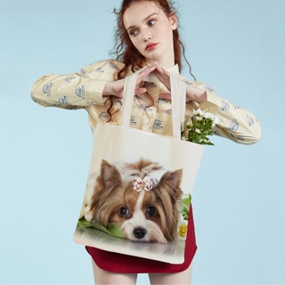 กระเป๋าช้อปปิ้ง ผ้าแคนวาส พิมพ์ลายสุนัขน่ารัก ขนาดเล็ก ใช้ซ้ําได้ สองด้าน แฟชั่นสําหรับสัตว์เลี้ยง สุนัข