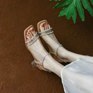 🍒💜รองเท้าส้นสูง รองเท้าแตะผู้หญิง เปิดนิ้วเท้า ประดับคริสตัล แบบเรียบง่าย แฟชั่นฤดูร้อน สไตล์แฟรี่ สําหรับผู้หญิง