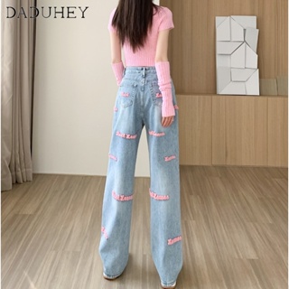 DaDuHey🎈 Womens  New Summer American-Style Wide-Leg Jeans Design Sense Embroidered Letters Straight-Leg Pants Slim-Fit High Waist Pants