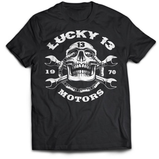 【Hot】ขายดี เสื้อยืด ผ้าฝ้ายแท้ พิมพ์ลาย Biker Lucky 13 Skull Outlaw สีดํา สําหรับผู้ชาย ของขวัญวันเกิด XQ
