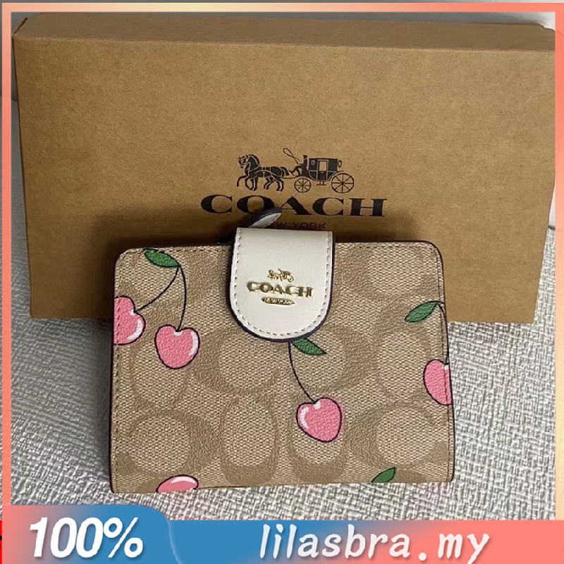 coach-cf401-กระเป๋าสตางค์ผู้หญิงใบสั้น-กระเป๋าสตางค์แบบพับ-ลายเชอร์รี่-ช่องซิป-401