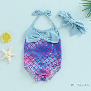 Babygarden-6 เดือน -3 ปี ชุดว่ายน้ําเด็กผู้หญิง ฤดูร้อน ลายเกล็ดปลา โบว์ สายคล้องคอ รอมเปอร์ ชุดชายหาด ชุดว่ายน้ํา