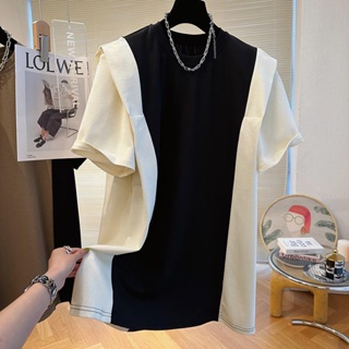 Extra large size 300 jin chic shoulder fold color splicing medium-long short-sleeved T-shirt womens loose cotton European blouse trend