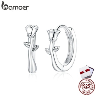 bamoer 925 Sterling Silver Blooming Rose Branch Hoop Earrings for Women Wedding Engagement Tiny Ear Hoops Brincos BSE442
