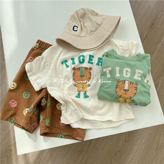 พร้อมส่ง ขายดี เสื้อยืดแขนสั้น ผ้าฝ้ายแท้ ลายการ์ตูนเสือน้อยน่ารัก สไตล์เกาหลี ญี่ปุ่น แฟชั่นฤดูร้อน สําหรับเด็ก 2023