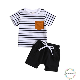 Babyclothes- ชุดเสื้อยืด แขนสั้น พิมพ์ลายทาง พร้อมกางเกงขาสั้น แฟชั่นฤดูร้อน สําหรับเด็กผู้ชาย 2 ชิ้น