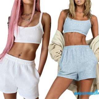 Bay-clothes เสื้อครอปแขนกุด เปิดไหล่ กางเกงขาสั้น สีพื้น สําหรับผู้หญิง