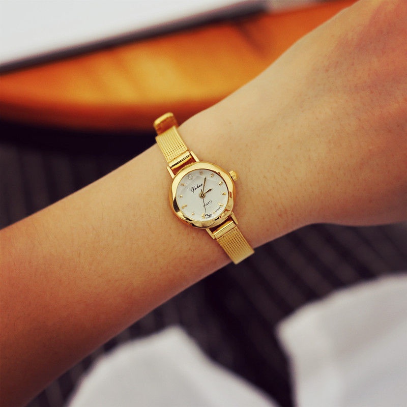 นาฬิกาข้อมือควอตซ์แฟชั่น-สายโลหะ-หน้าปัดขนาดเล็ก-สีทอง-สําหรับสตรี