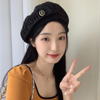 หมวกเบเร่ต์ลําลอง แต่งจับจีบโลหะ สไตล์วินเทจ แฟชั่นฤดูใบไม้ร่วง และฤดูหนาว สําหรับผู้หญิง