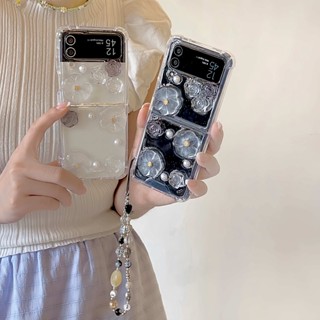 เคสโทรศัพท์มือถือแบบนิ่ม กันกระแทก ลายดอกกุหลาบสีเทา พร้อมสายโซ่คล้อง สําหรับ Samsung Galaxy Z Flip 4 5G Z Flip 3