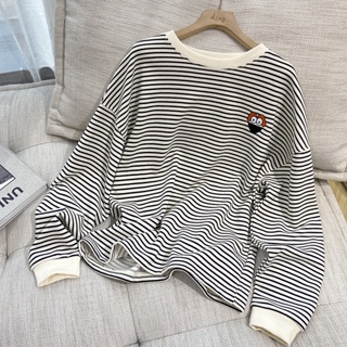 8148# thin sweatshirt Womens Round Neck Striped Embroidered Long Sleeve Top Loose Casual Long Sleeve T-shirt