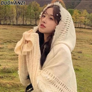 Duohanzi ใหม่ เสื้อแจ็กเก็ตกันหนาว มีฮู้ด ผ้าถัก ประดับพู่ สไตล์เกาหลี โบฮีเมียน สําหรับผู้หญิง