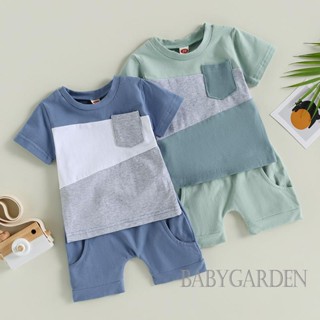 Babygarden-0-3 ปี ชุดเสื้อผ้าเด็กผู้ชาย แขนสั้น เสื้อยืดสีตัดกัน + กางเกงขาสั้น เอวยางยืด ฤดูร้อน