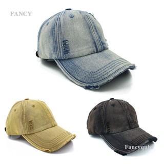 Fancy ใหม่ หมวกเบสบอลลําลอง ผ้าฝ้าย ผ้ายีน กันแดด แต่งรอยขาด สีพื้น สไตล์เรโทร ปรับได้ แฟชั่นสําหรับผู้ชาย ผู้หญิง