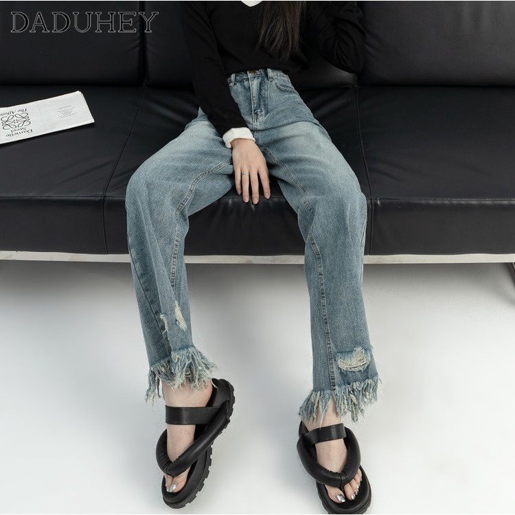 daduhey-womens-retro-raw-hem-ripped-fashion-korean-style-new-loose-high-waist-wide-leg-slim-drape-mop-ripped-frayed-pants-jeans