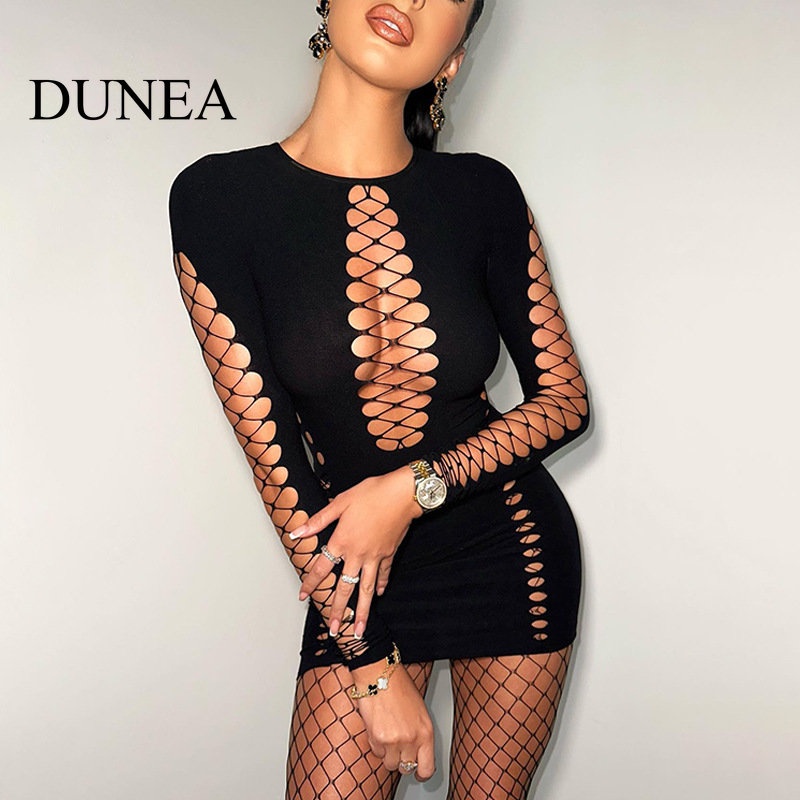 dunea-ชุดเดรสสั้น-แขนยาว-แบบโปร่ง-เซ็กซี่-สําหรับผู้หญิง