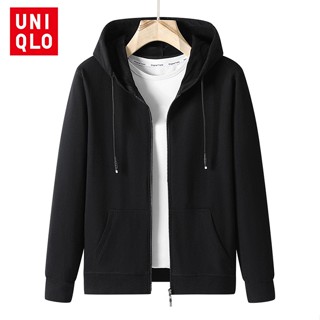 Uni.qlo เสื้อแจ็กเก็ตกันหนาวลําลอง มีฮู้ด ผ้าฝ้าย สีพื้น แบบเรียบง่าย สําหรับผู้ชาย