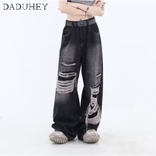 DaDuHey🎈 American Style Retro New High Waist Jeans Womens Casual Loose All-Match Retro Design Ripped Straight Wide Leg Casual Mop Pants