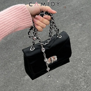 Camidy กระเป๋าใต้วงแขนระดับ high-end ของผู้หญิงใหม่โอนโซ่ลูกปัดกระเป๋าใบเล็กกระเป๋าสะพายแฟชั่นสีดำที่สวยงาม