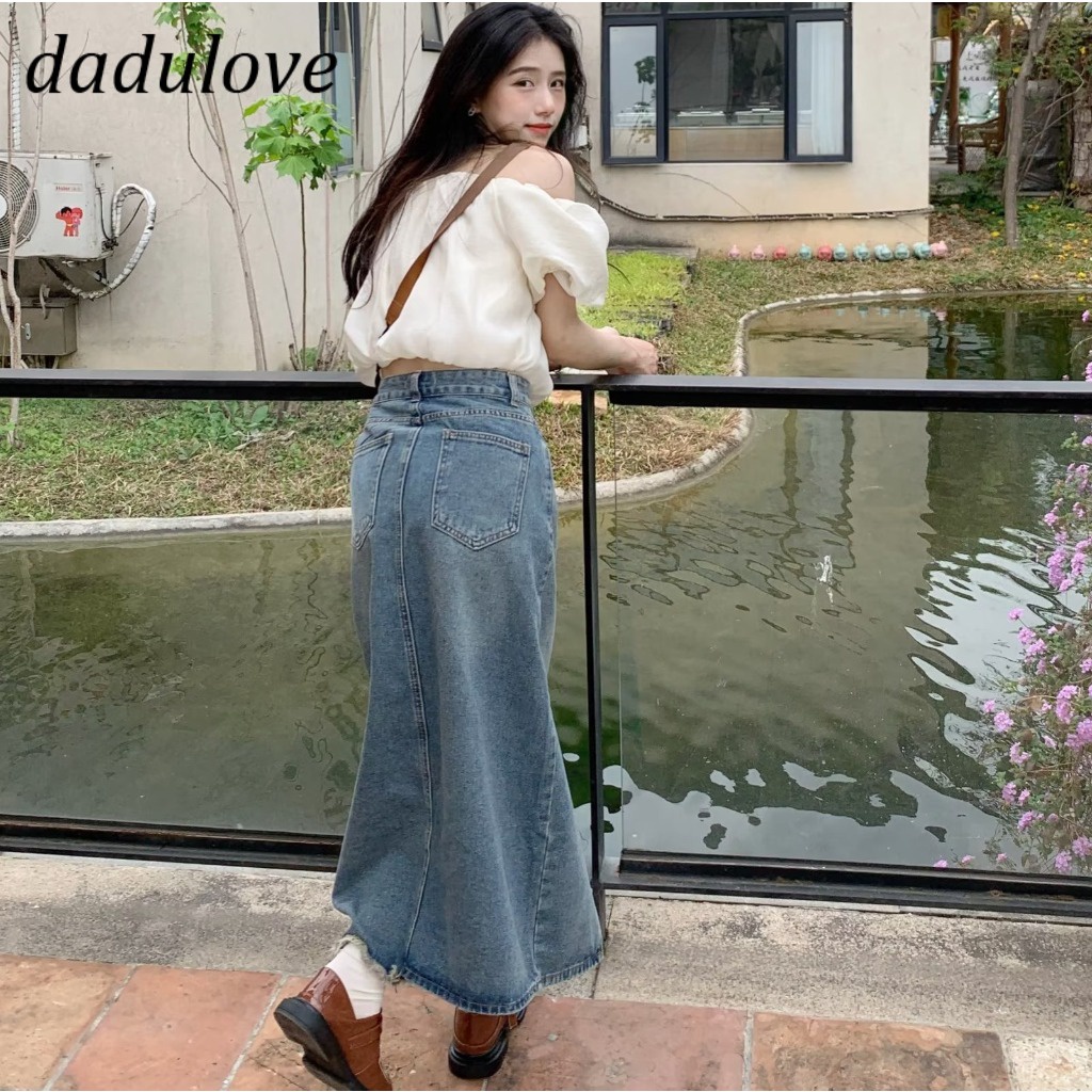 dadulove-new-korean-version-of-ins-raw-edge-slit-denim-skirt-niche-high-waist-a-line-skirt-bag-hip-skirt