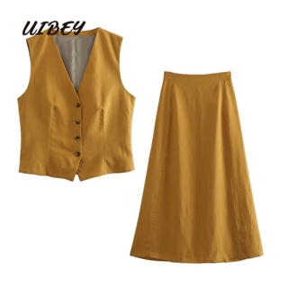 Uibey เสื้อกั๊ก ผ้าลินิน + กระโปรงยาวครึ่งตัว เอวสูง สีพื้น 9584