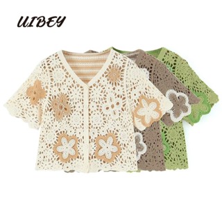 Uibey เสื้อถักโครเชต์ คอวี ประดับลูกปัด สไตล์วินเทจ 9191