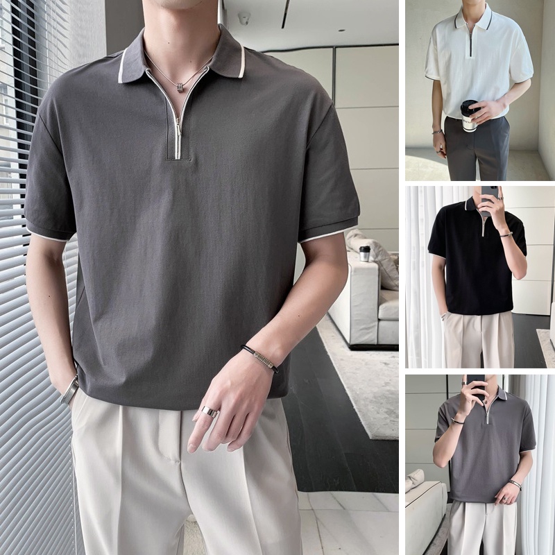 befoyi-เสื้อโปโลลําลอง-คอปก-มีซิป-สีพื้น-สไตล์เกาหลี-แฟชั่นฤดูร้อน-สําหรับผู้ชาย-slc133