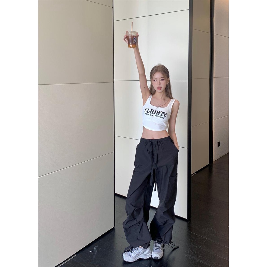 ชุดเสื้อแขนกุด-และกางเกงขายาวลําลอง-พิมพ์ลายตัวอักษร-แฟชั่นฤดูร้อน-สไตล์อเมริกัน-สําหรับสตรี