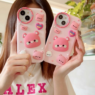 เคสโทรศัพท์มือถือ ยางซิลิโคนนิ่ม กันกระแทก ลายการ์ตูนหมีน่ารัก สามมิติ สร้างสรรค์ สีชมพู สําหรับ Apple iPhone 11 12 13 14 pro max